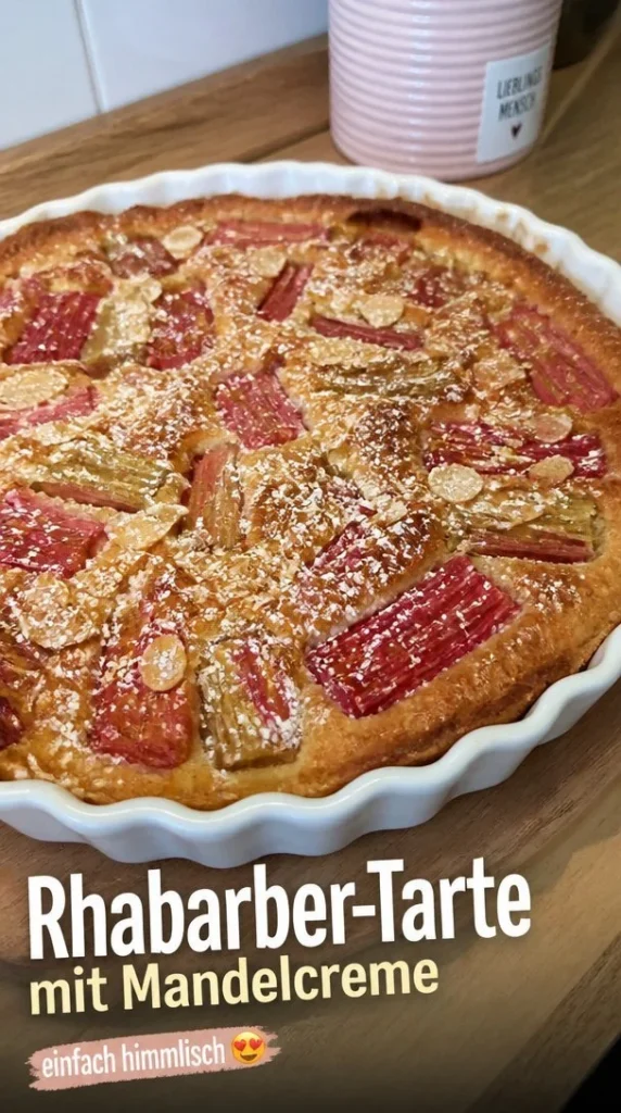 Fruchtige Rhabarber-Tarte mit Mandelcreme auf einem Teller serviert