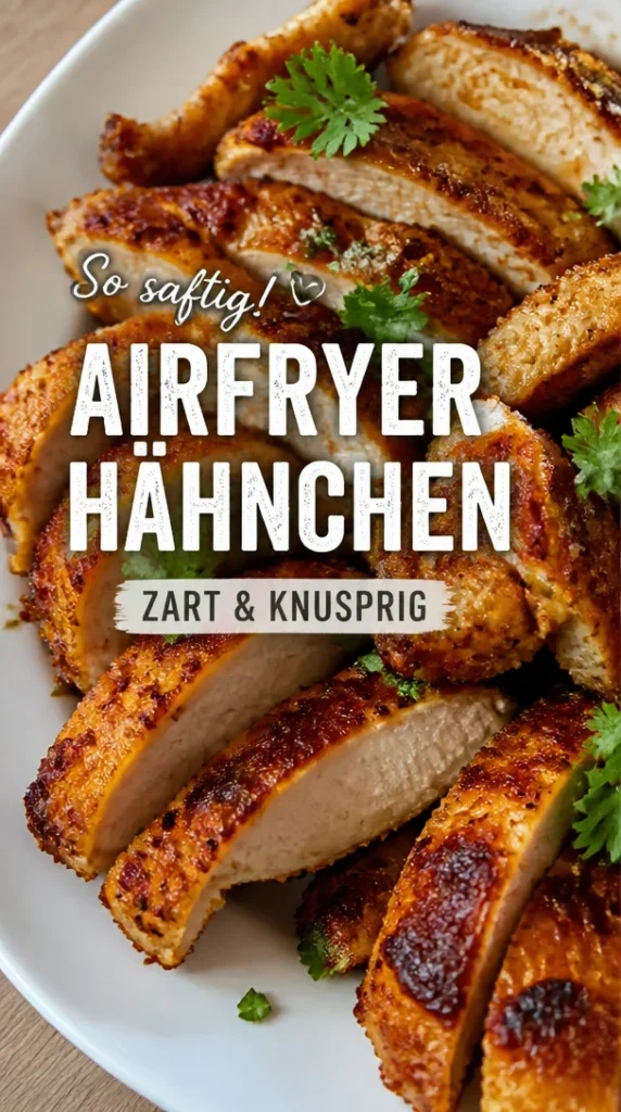 Saftige Hähnchenbrust aus Heißluftfritteuse, zart und knusprig zubereitet.