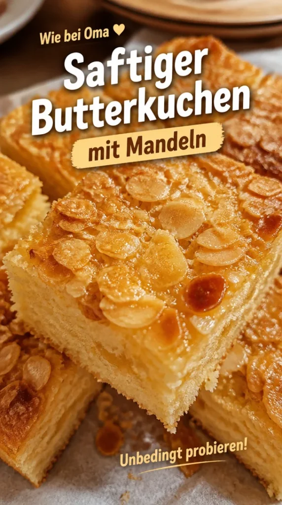 Saftiger Butterkuchen mit Mandeln frisch aus dem Ofen