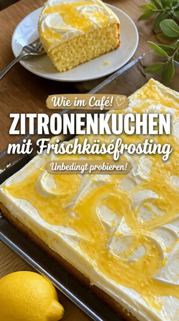 Saftiger Zitronenkuchen mit Frischkäsefrosting auf einem weißen Teller