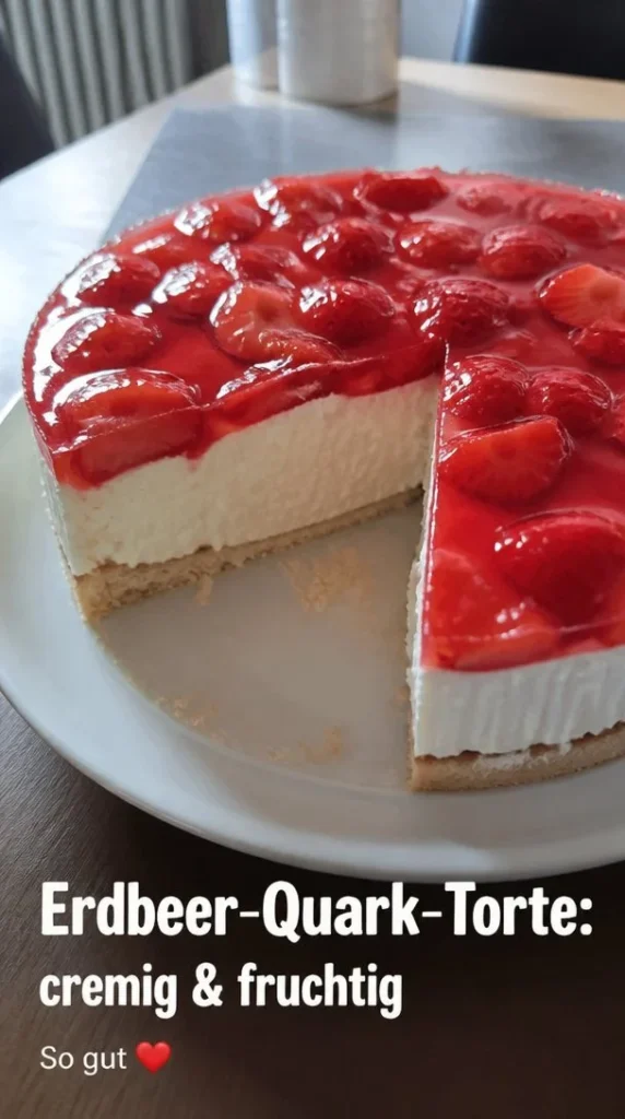 Schnelle und frische Erdbeer-Quark-Torte auf einem Teller