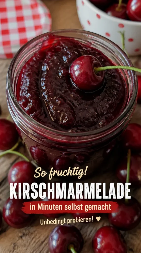 Glas mit schneller Kirschmarmelade auf einem Holztisch