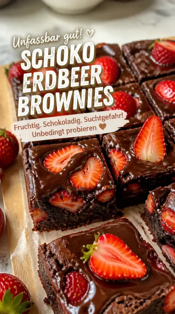 Leckere Schoko Erdbeer Brownies auf einem Teller, fruchtig und saftig