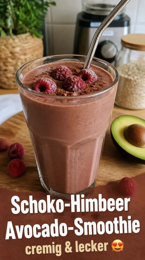 Cremiger Schokoladen-Himbeer-Smoothie mit Avocado in einem Glas