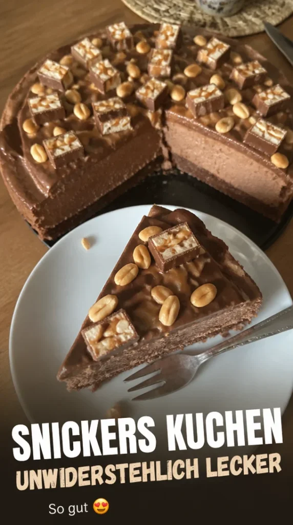 Schokoladen Snickers Kuchen mit Erdnüssen und Karamellbeilage