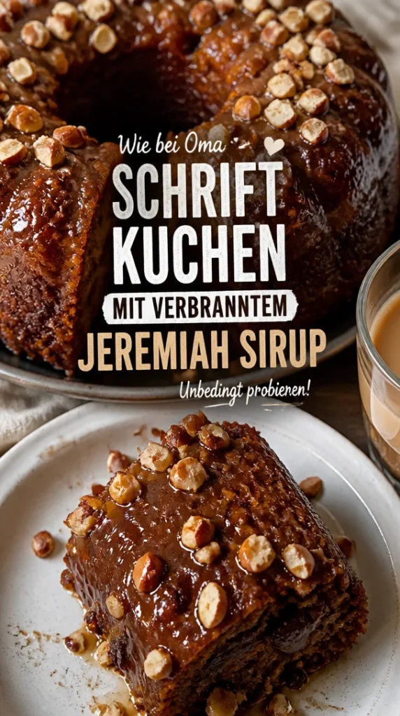 Schrift-Kuchen mit verbranntem Jeremiah Sirup auf einem schön dekorierten Tisch.