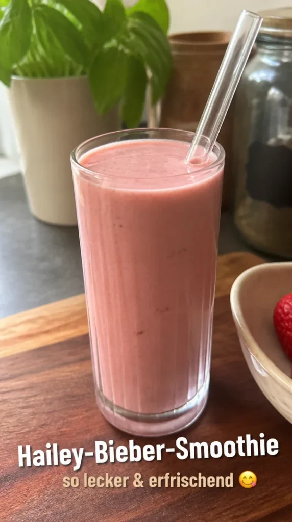 Selbstgemachter Hailey-Bieber-Smoothie in einem Glas mit frischen Zutaten