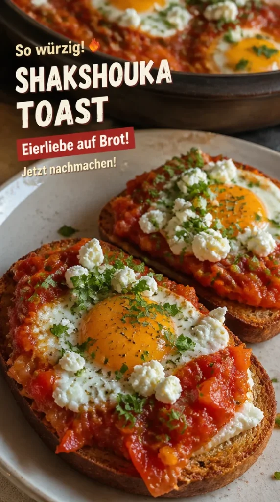 Leckeres Shakshouka-Toast mit Eiern und Gewürzen auf einem Teller serviert.