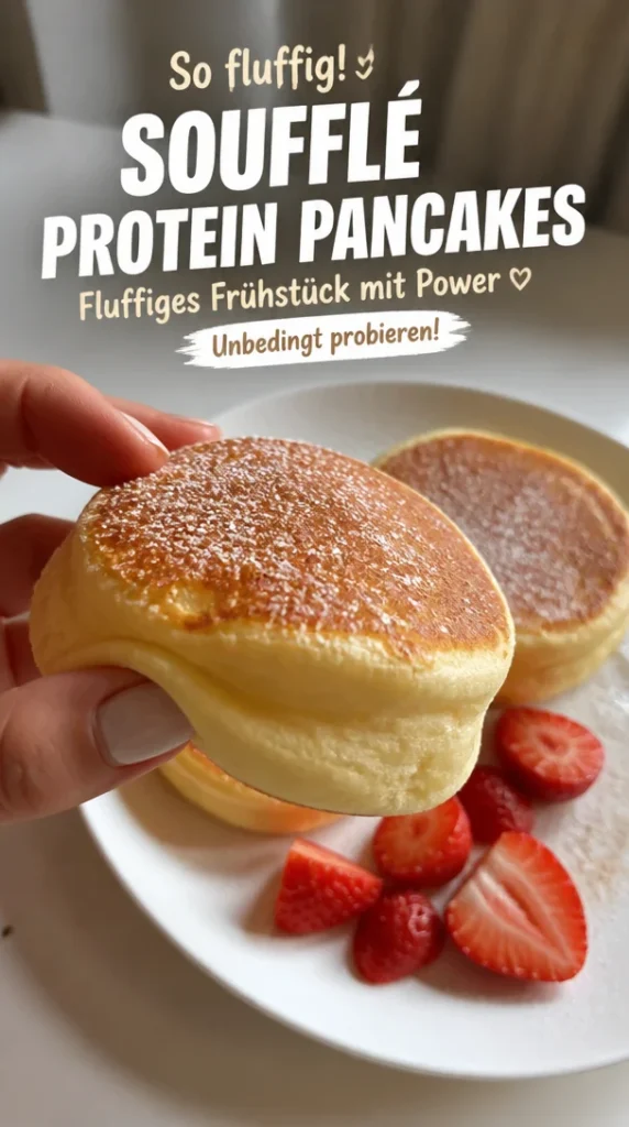 Fluffige Soufflé-Protein-Pfannkuchen im Teller serviert