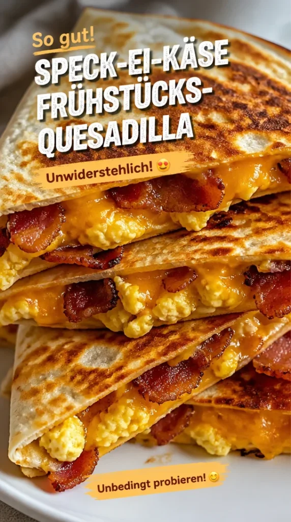 Frühstücks-Quesadilla mit Speck, Ei und Käse auf einem Teller
