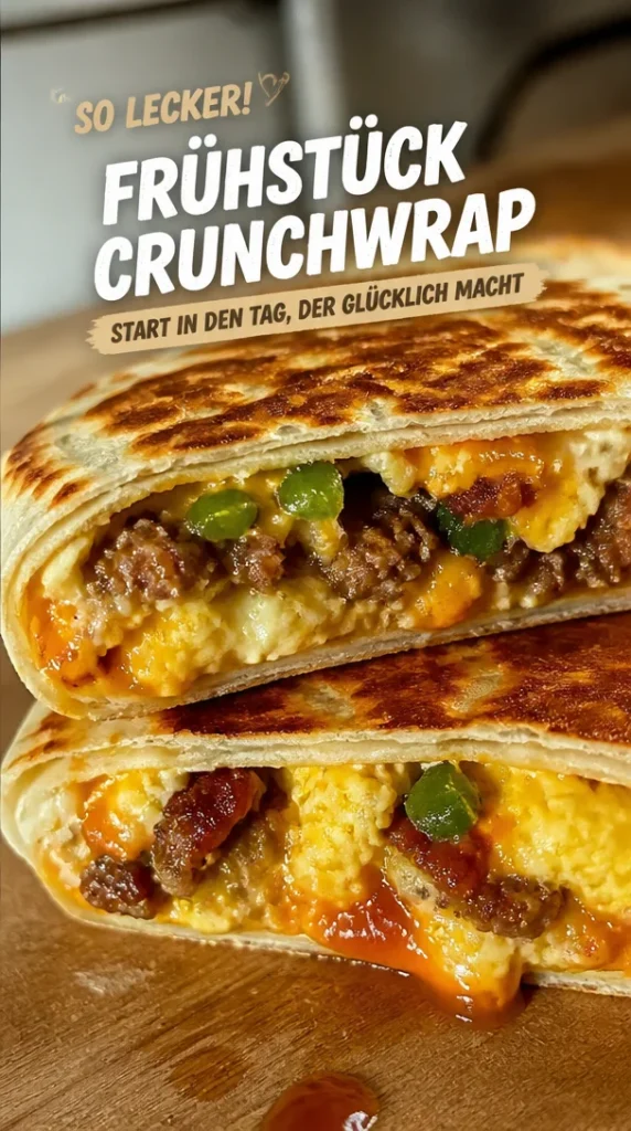 Frühstück Crunchwrap mit Eiern, Käse und Gemüse auf einem Teller