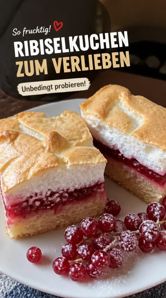 Süß-saurer Ribiselkuchen mit frischen roten Ribiseln auf einem Teller