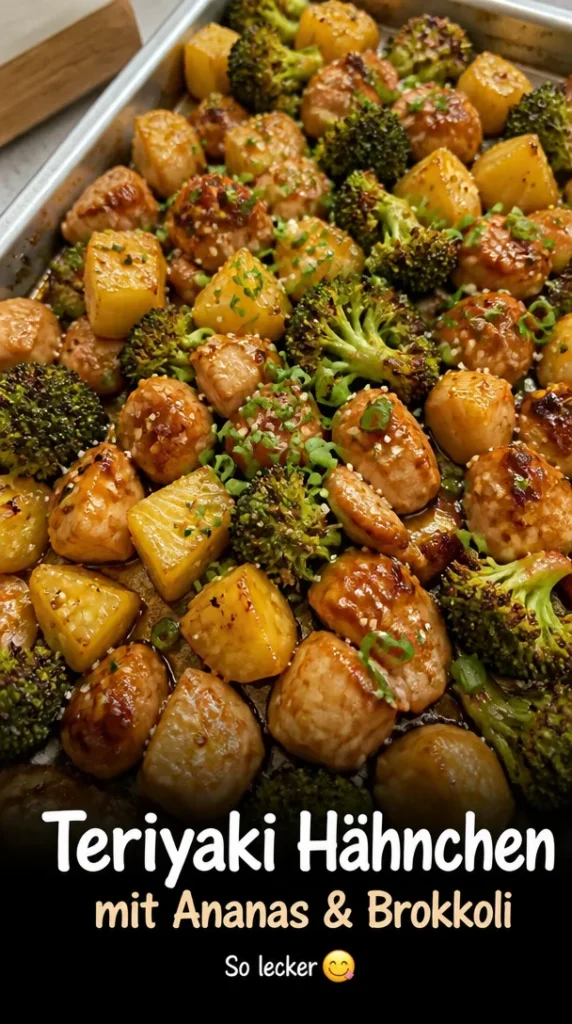 Teriyaki-Hähnchen mit Ananas und Brokkoli auf einem Sheet-Pan