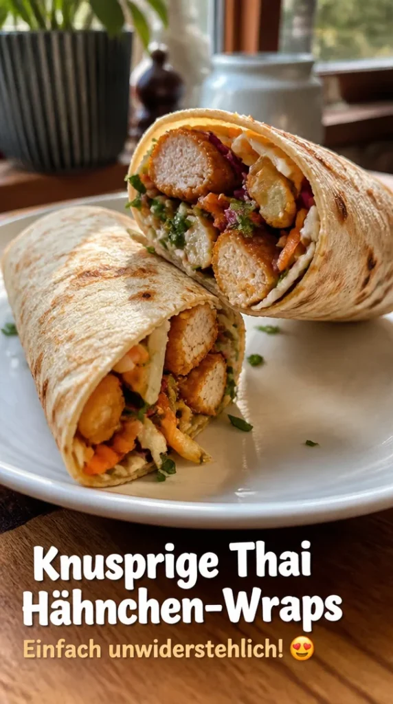 Thai Hähnchen-Wraps mit knusprigem Asia-Slaw auf einem Teller serviert.