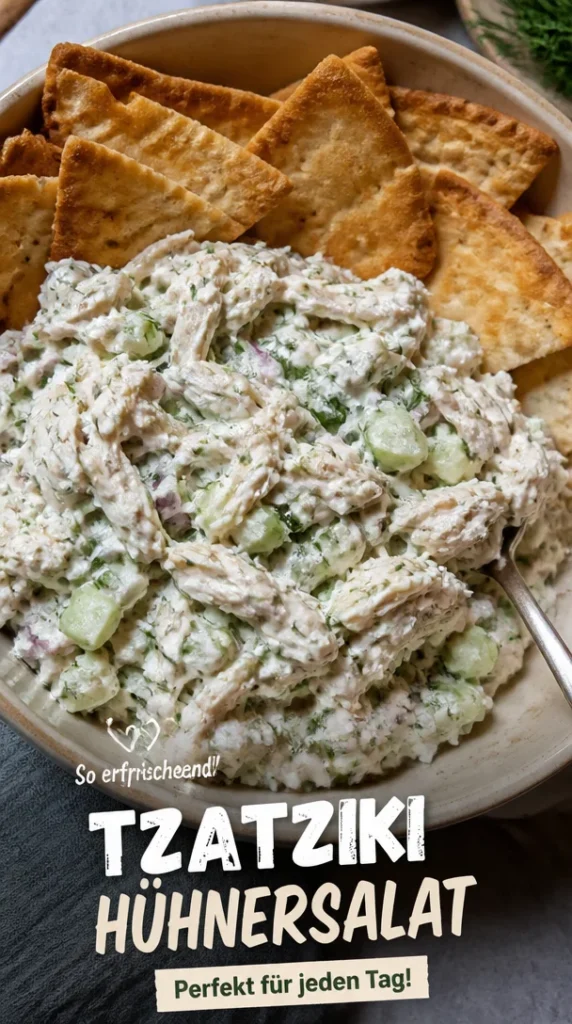 Erfrischend-saftiger Tzatziki Hühnersalat in einer Schüssel, serviert mit frischen Kräutern.