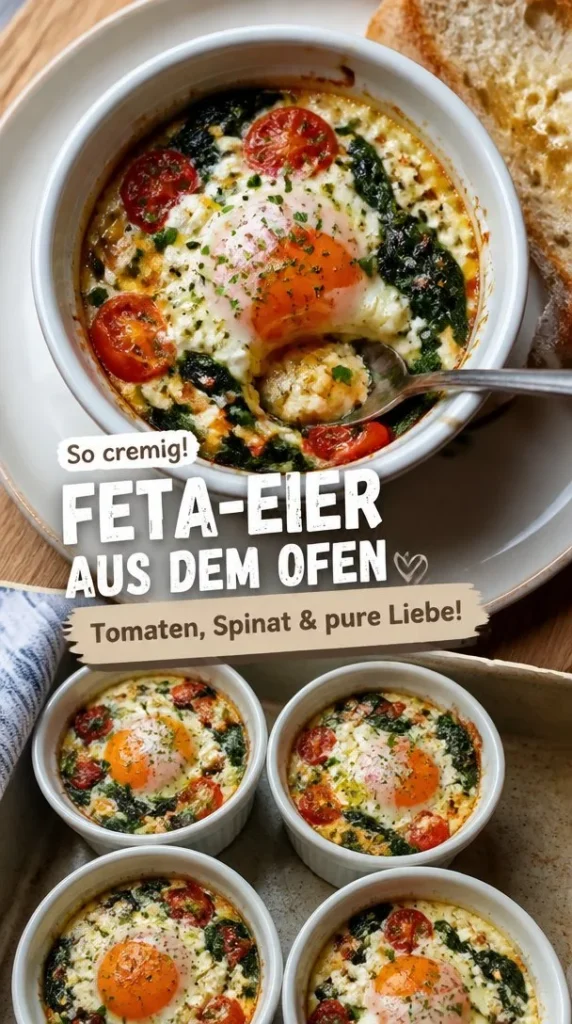 Überbackene Feta-Eier mit Tomaten und Spinat auf dem Frühstückstisch