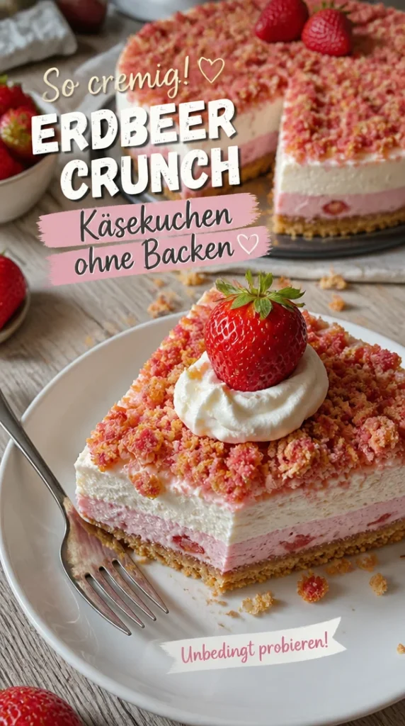 Unwiderstehlicher Erdbeer Crunch Käsekuchen ohne Backen mit frischen Erdbeeren.