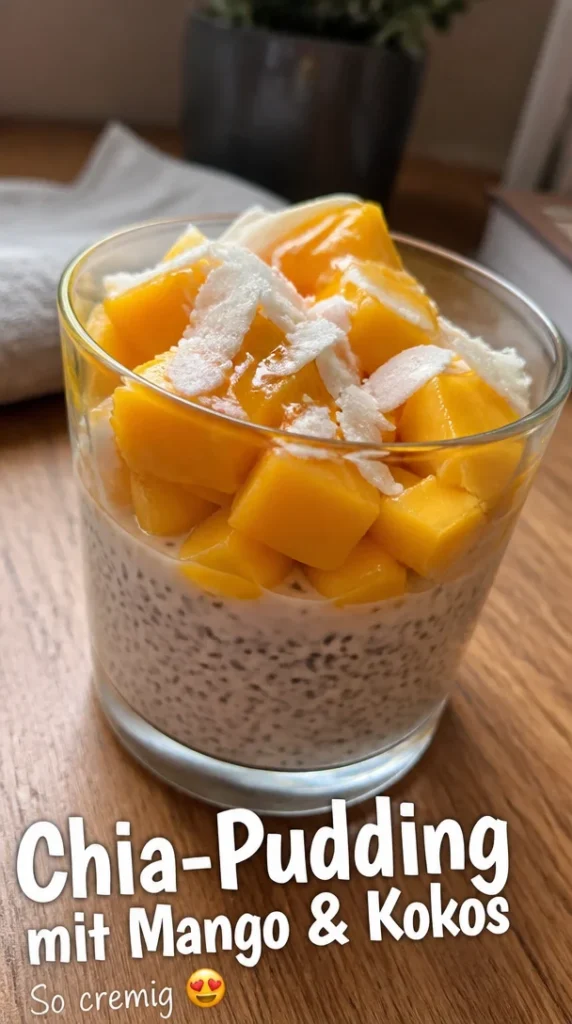 Veganes Chia-Pudding mit Mango und Kokosmilch in einer Schüssel