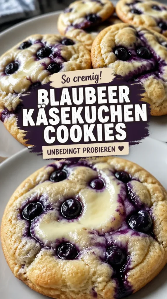 Blaubeerkäsekuchen-Cookies auf einem rustikalen Holzbrett angerichtet