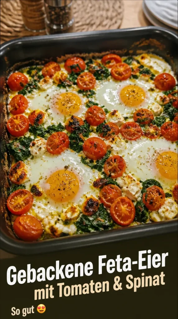 Gebackene Feta-Eier mit Tomaten und Spinat auf einem Teller angerichtet