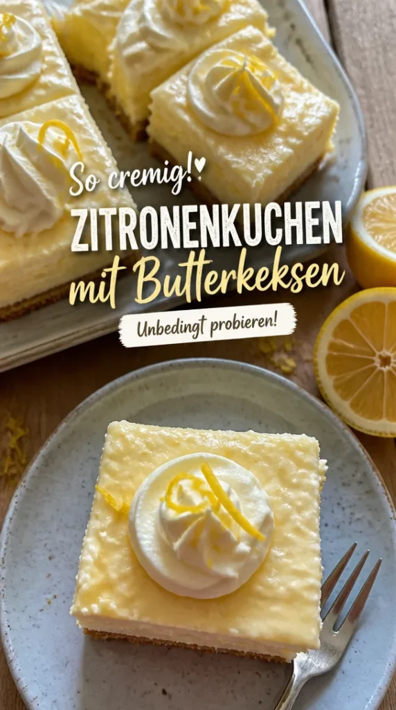 Verführerischer Butterkekskuchen mit Zitronencreme und Sahne auf einem Teller