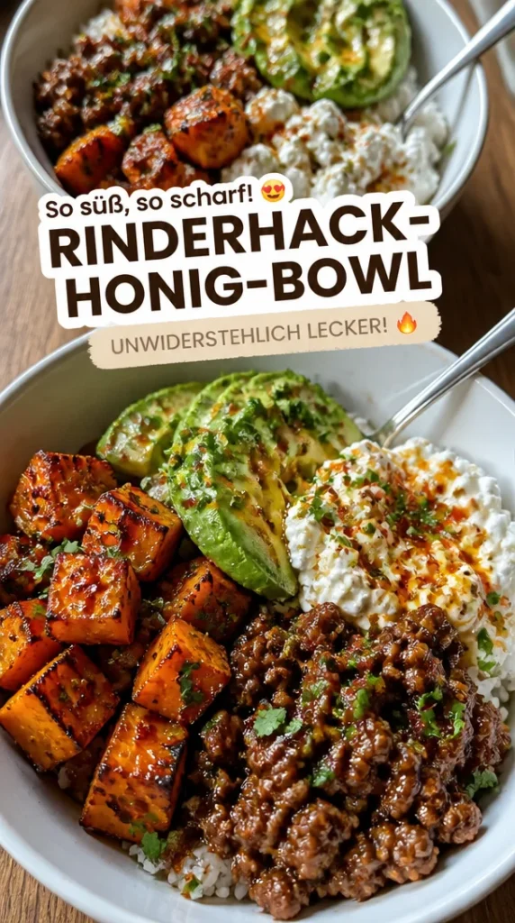 Leckere Rinderhack-Honig-Bowl mit scharfen Aromen und Honigglasur