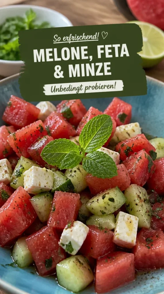 Erfrischender Wassermelonen-Feta-Salat mit Gurke und Minze auf einem Teller