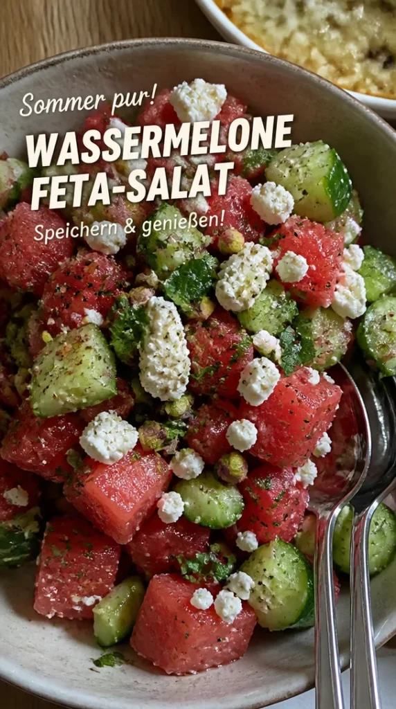 Frischer Wassermelonen-Gurken-Feta-Salat mit buntem Gemüse