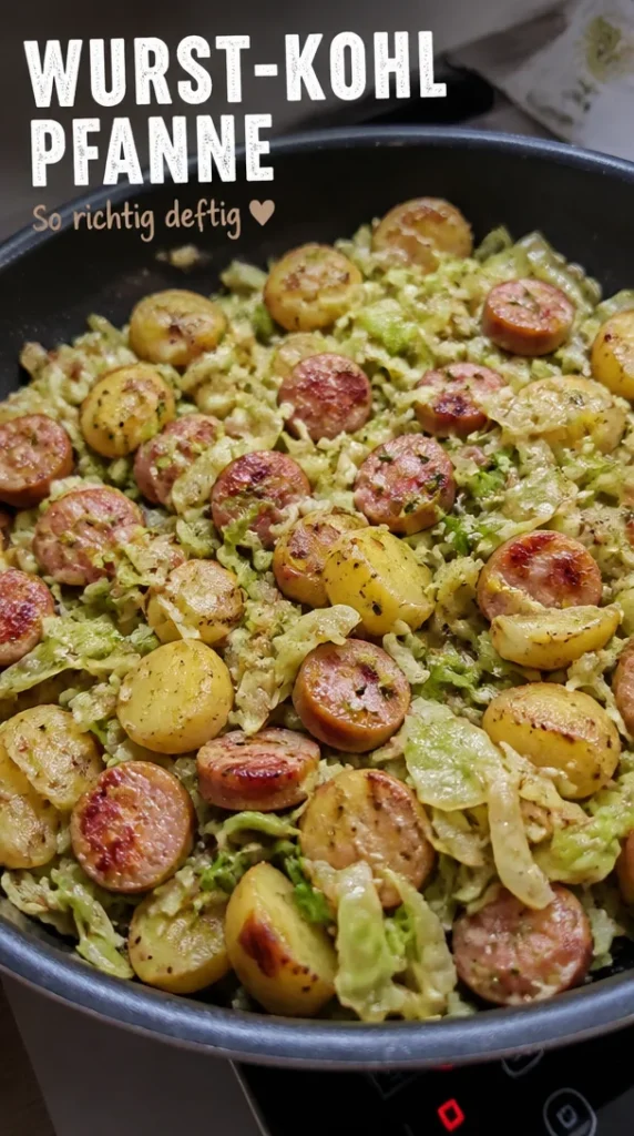 Wurst und Kohl Pfanne mit frischem Gemüse und Gewürzen, serviert auf einem Teller.