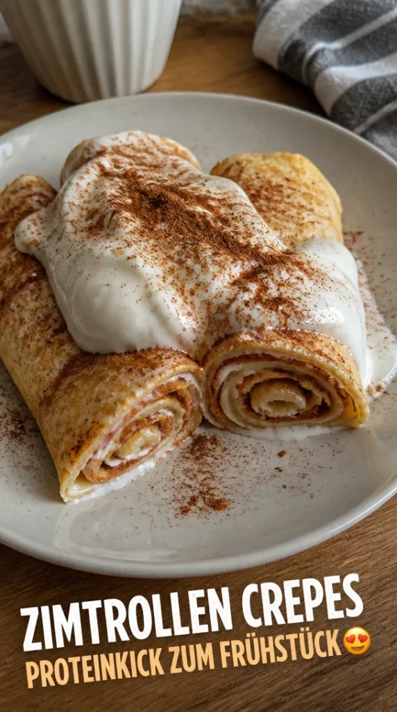 Zimtrollen Protein Crepes auf einem Teller, gesundes Frühstück.
