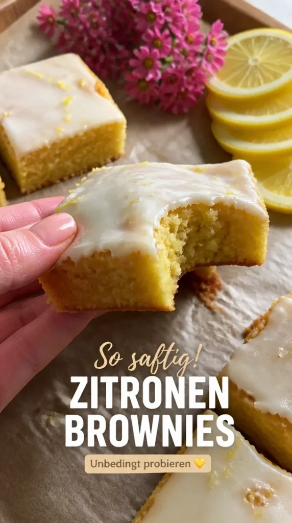 Saftige Zitronen Brownies auf einem Teller, frisch gebacken und verziert.