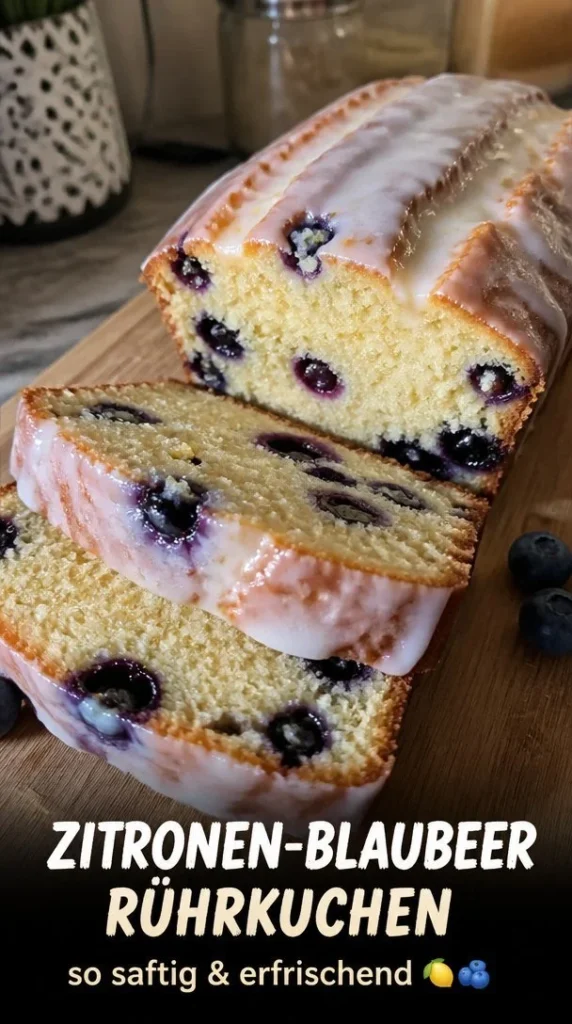 Zitronen-Rührkuchen mit Heidelbeeren auf einem Teller serviert