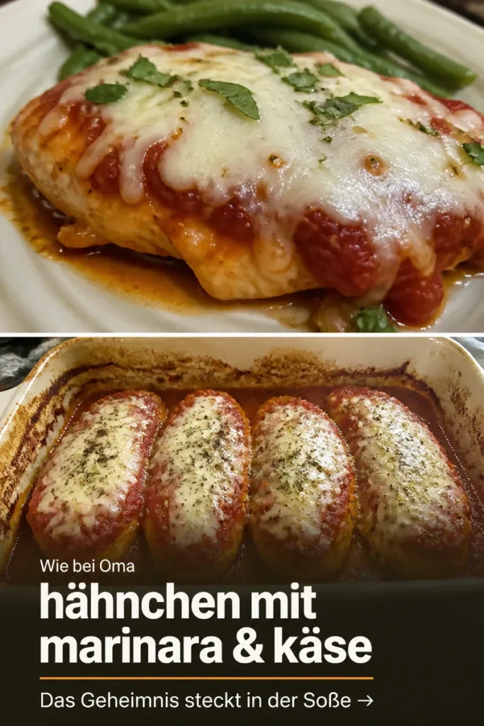 Gebackenes Hähnchen mit Marinara-Sauce und Mozzarella-Käse im Auflaufgericht.