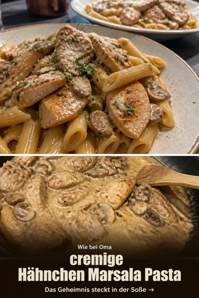 Chicken Marsala Pasta mit zartem Hähnchen und aromatischer Marsalasauce auf einem Teller