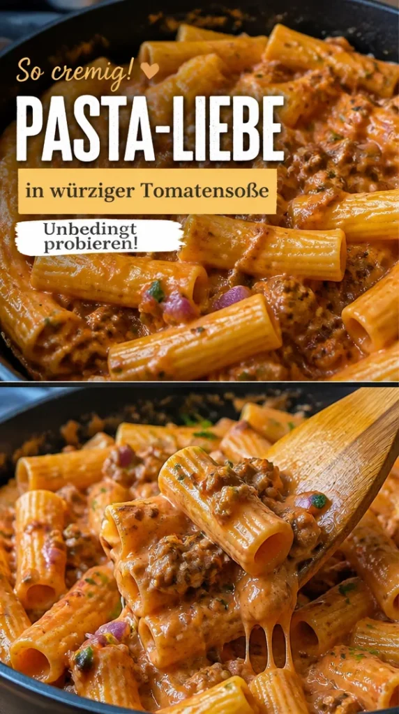 Schüssel mit cremiger Pasta und würziger Tomatensoße