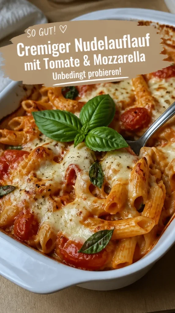 Cremiger Nudelauflauf mit Tomaten und Mozzarella auf einem Teller serviert.