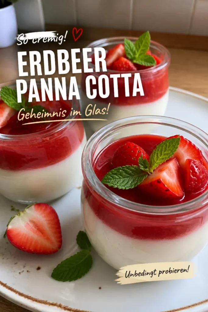 Cremige Erdbeer Panna Cotta im Glas, ein köstliches Dessert mit frischen Erdbeeren.