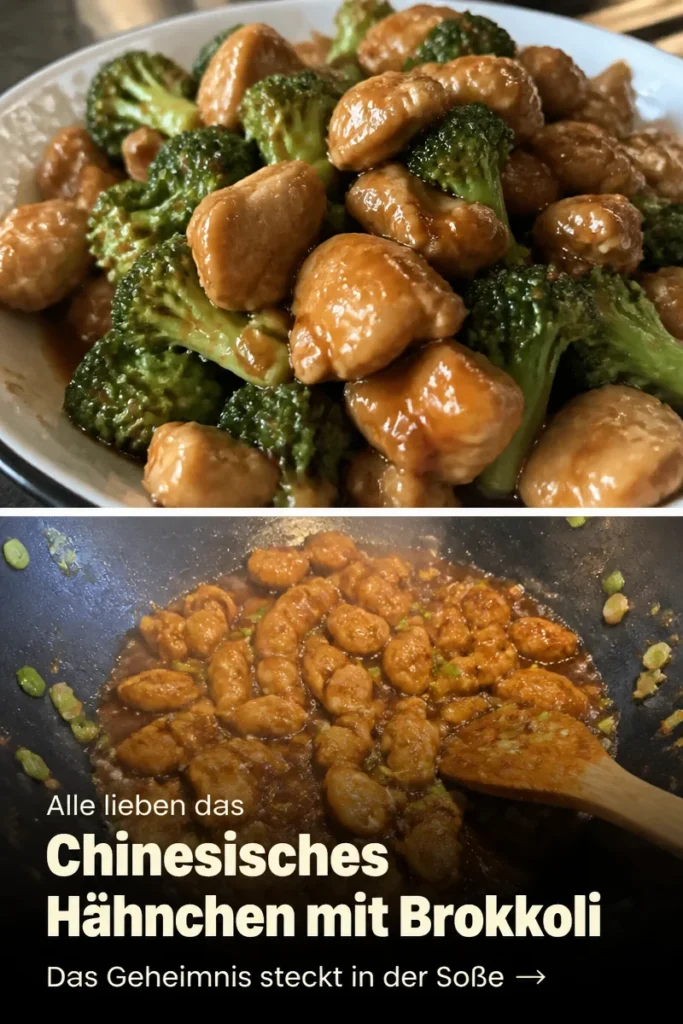 Perfektes chinesisches Hähnchen mit Brokkoli auf einem Teller serviert