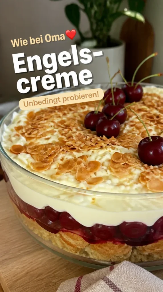 Delikates Engelscreme Dessert mit Schokolade und Früchten