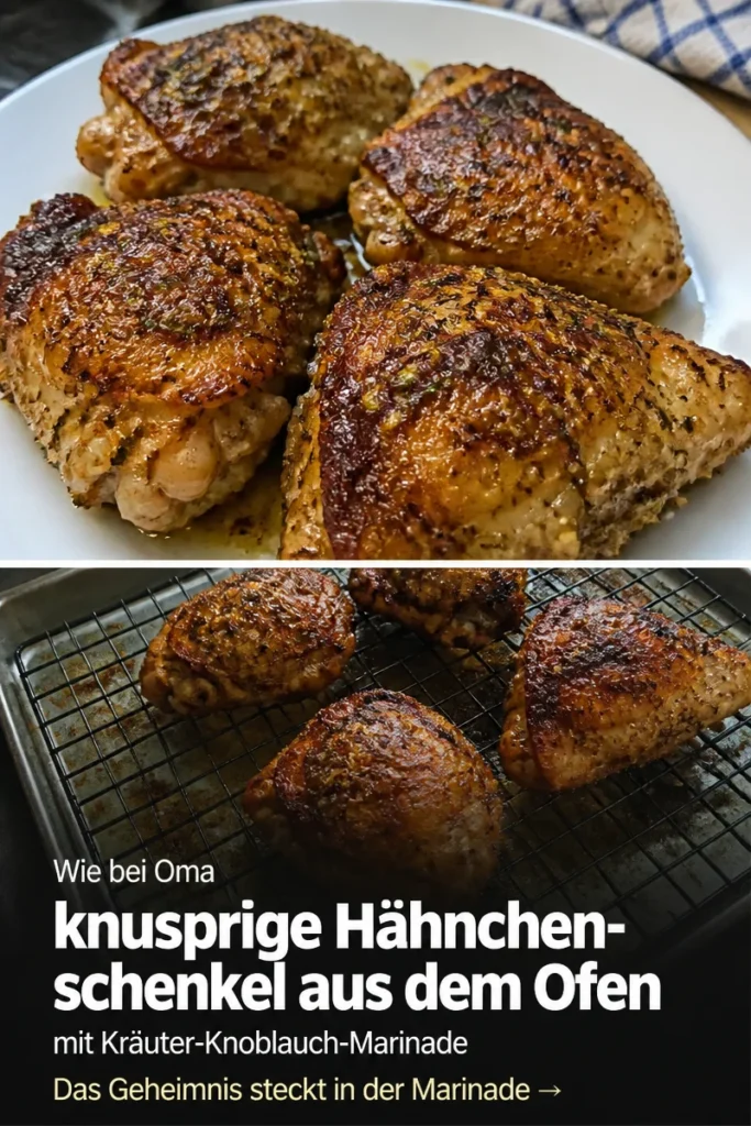 Gebratene Hähnchenschenkel mit Kräuter-Knoblauch-Marinade auf einem Teller