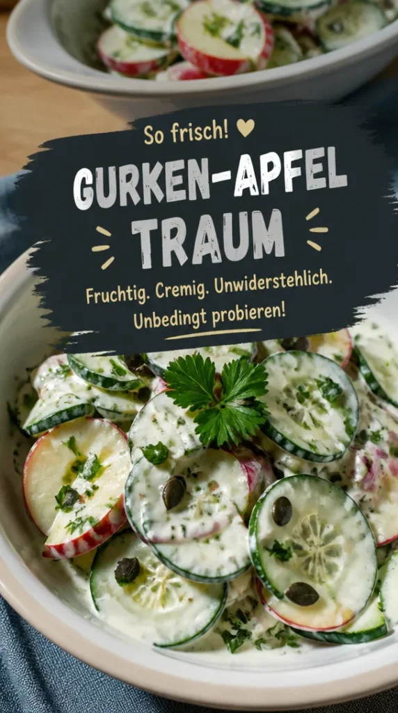 Gurkensalat mit Apfel und frischen Kräutern auf einem Teller