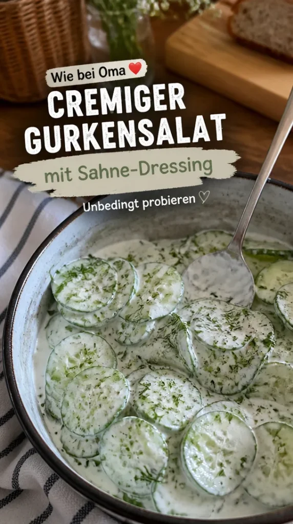 Gurkensalat mit cremigem Sahne-Dressing auf einem Teller.