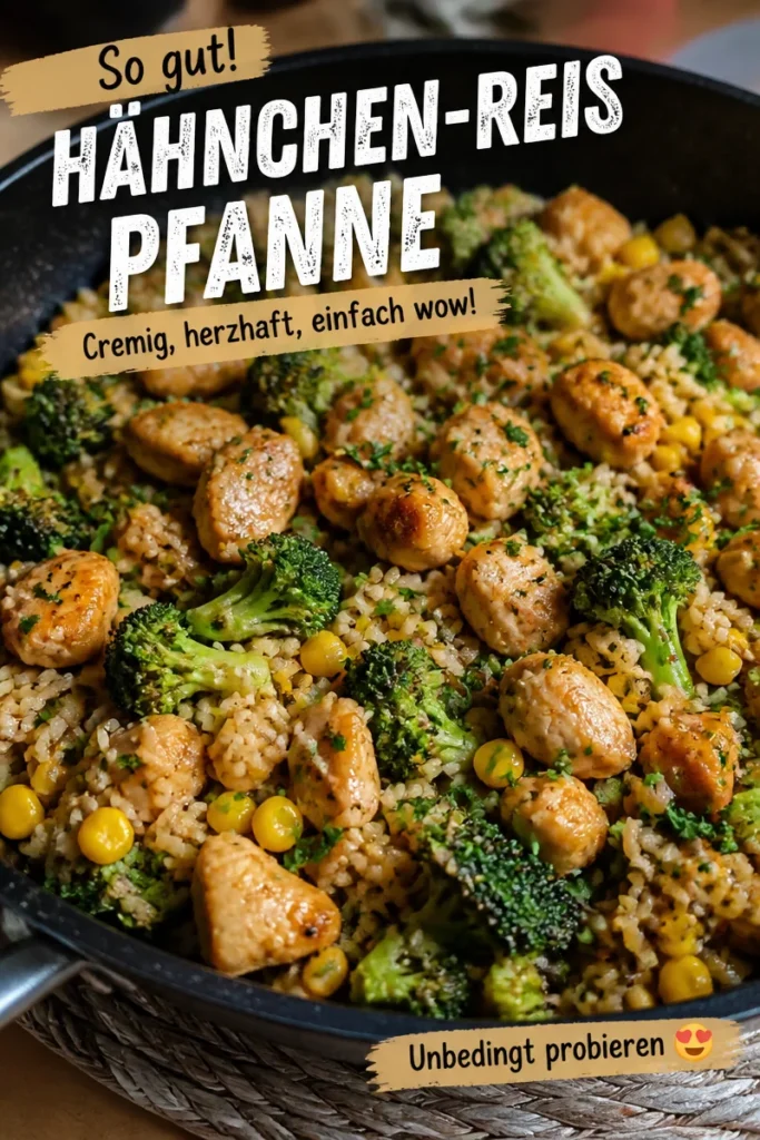 Hähnchen-Reis-Pfanne mit Brokkoli und Mais auf einem Teller serviert
