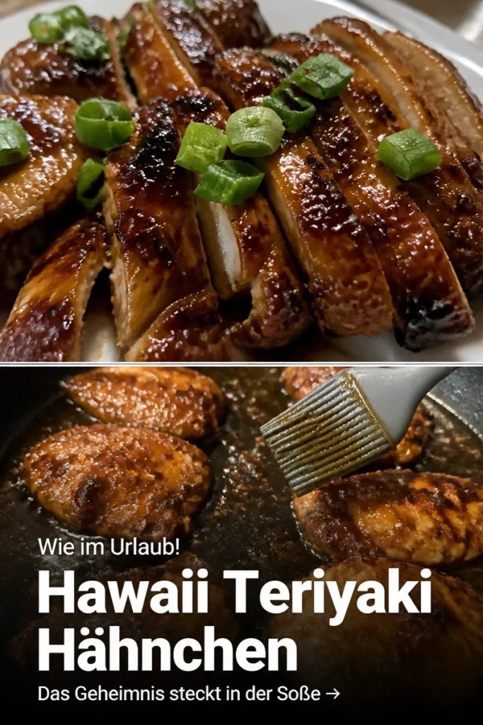 Hawaiian Teriyaki Chicken serviert mit tropischen Beilagen.