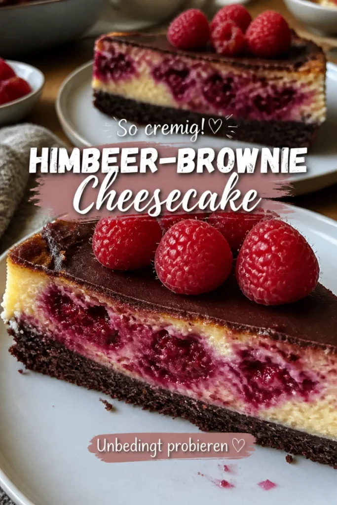 Himbeer-Brownie-Cheesecake auf einem schönen Teller mit frischen Himbeeren dekoriert