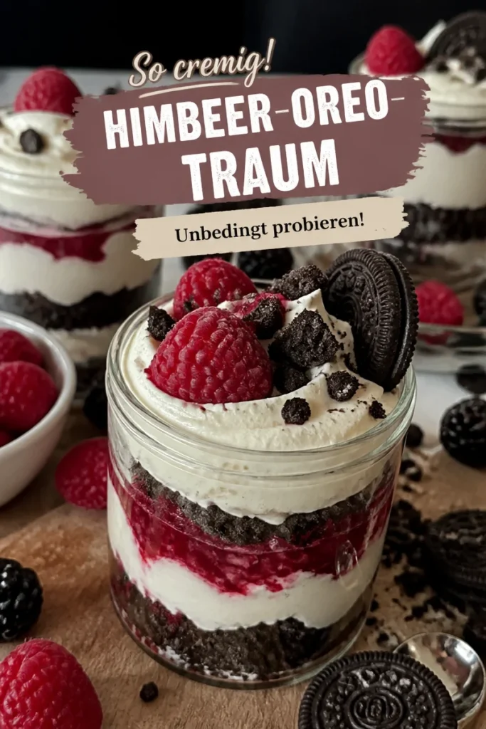 Himbeer-Oreo-Dessert auf einem Teller serviert, dekoriert mit frischen Himbeeren.