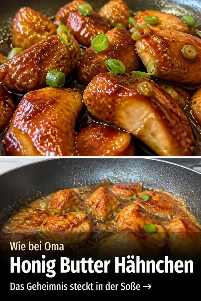 Saftiges Honig Butter Hähnchen auf einem Teller garniert mit frischen Kräutern.