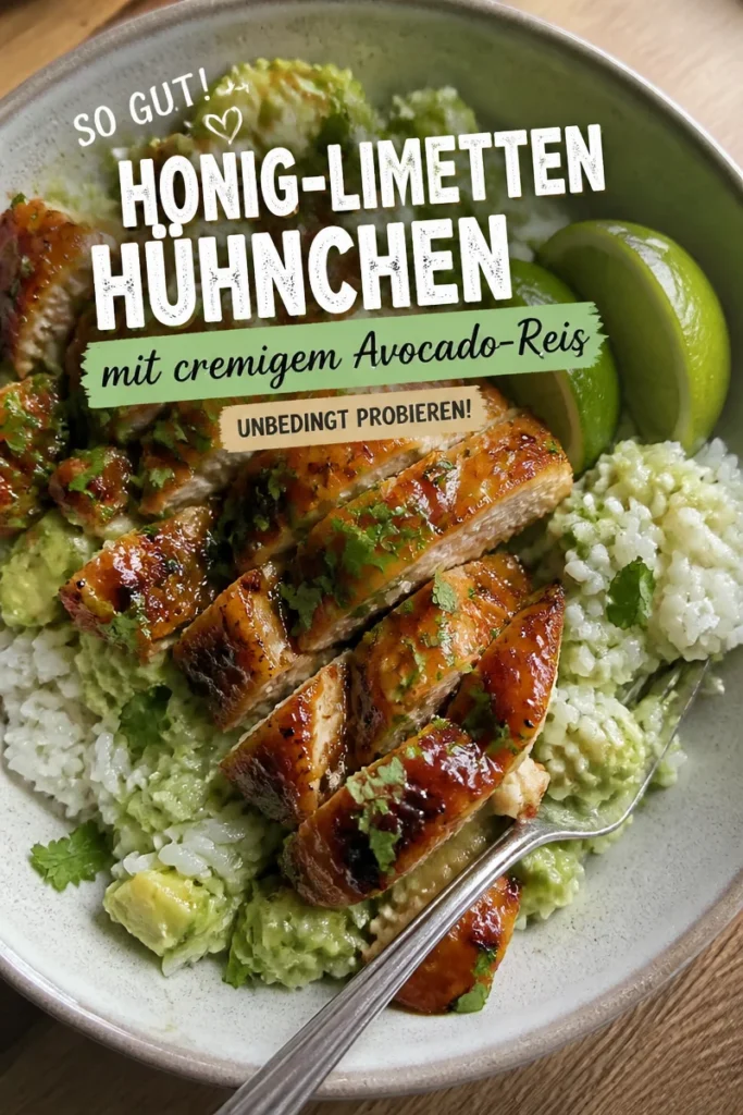 Honig-Limetten-Hühnchen mit cremigem Avocado-Reis auf einem Teller serviert