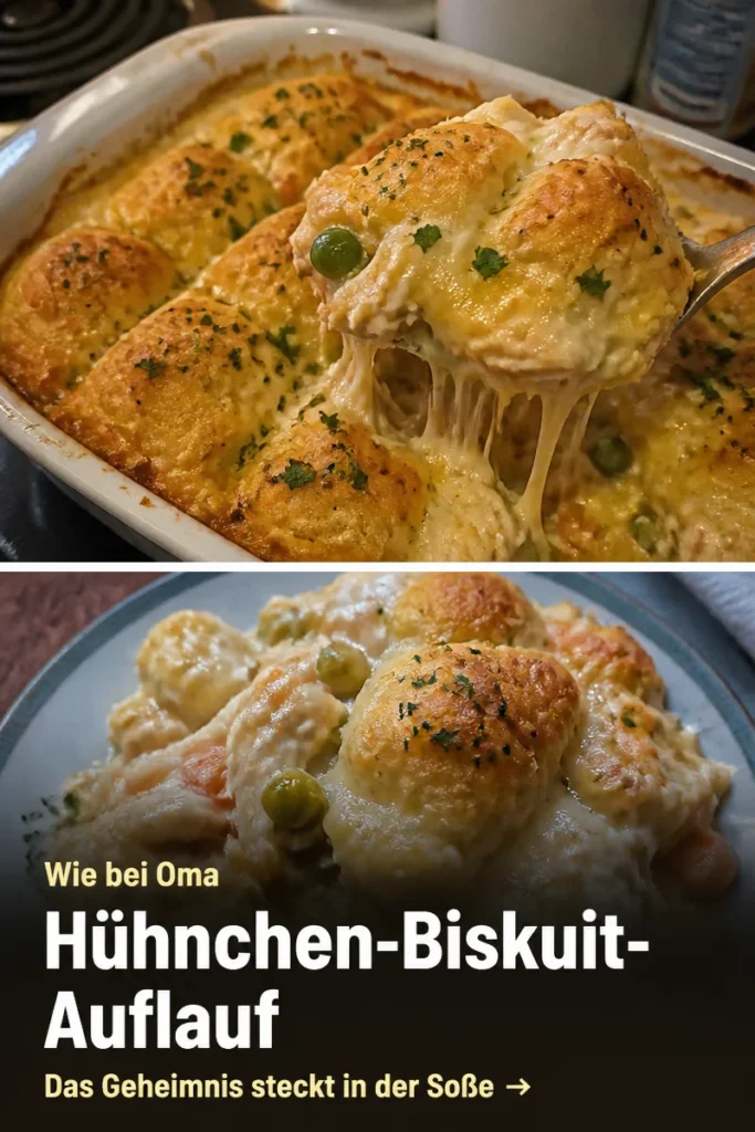 Hühnchen-Biskuit-Auflauf frisch aus dem Ofen serviert