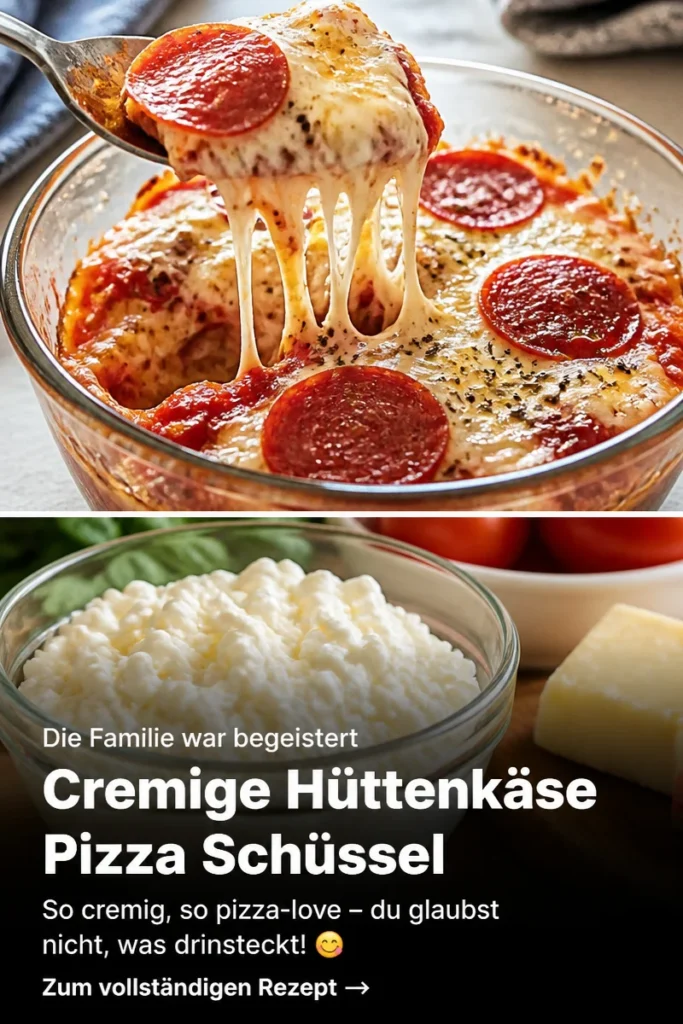 Hüttenkäse Pizza Schüssel mit frischen Zutaten und schmackhaftem Belag